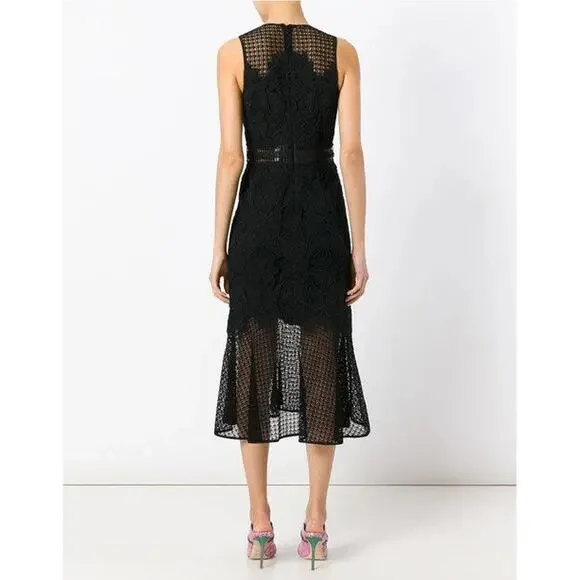 Jonathan Simkhai Black Lace & Crochet Corded Fluted Midi Dress, Sz 0 NWT - Picture 3 of 9